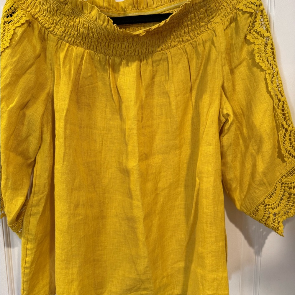 Chico's off the shoulder Mustard Lace-Accent Blouse